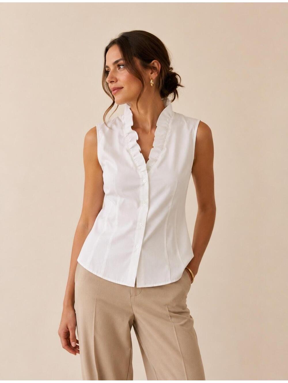 KASPER WHITE RUFFLE NECK CAREER  BLOUSE SIZE 14   WOMEN